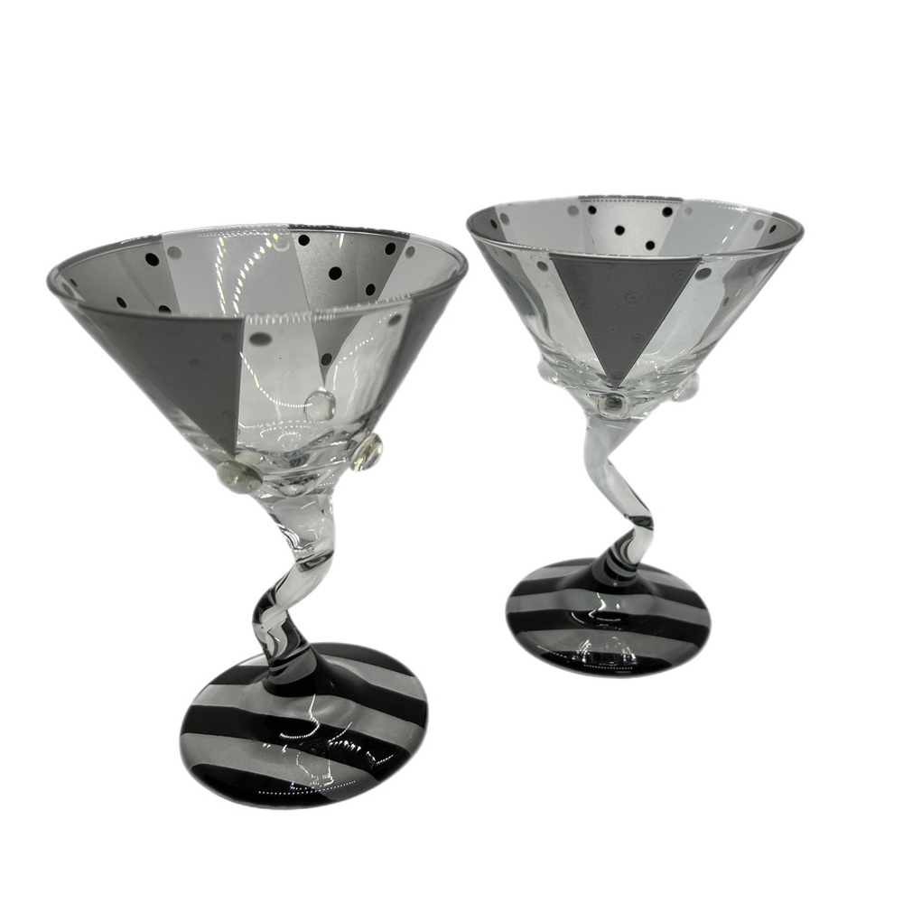 Black and Silver Crooked Stem Hand Painted Martini Glasses Polka Dots Stripes